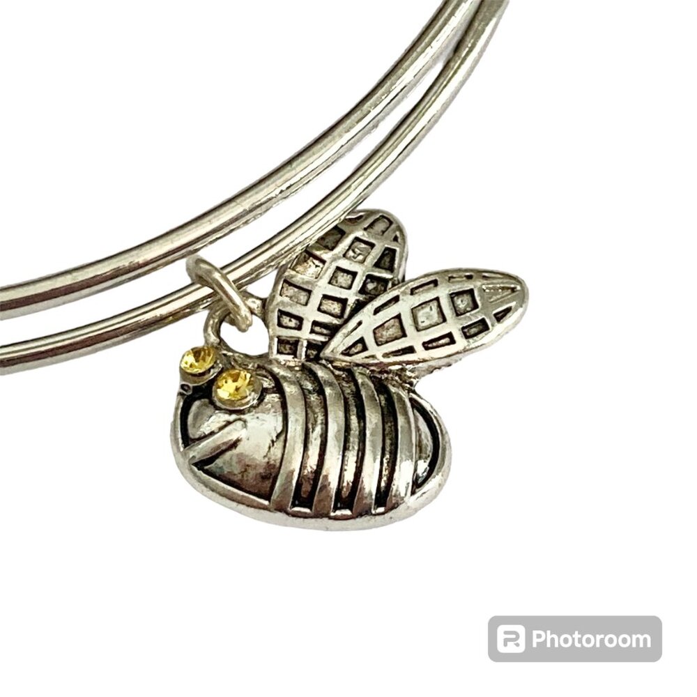 Silver Bumble Bee Charm Bracelet Bangle Adjustable Yellow Crystal Rhodium Plated